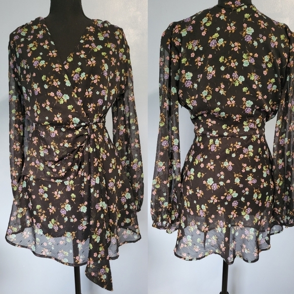 Zara Surplice Neck Floral Print Balloon Sleeve Mini Dress Black Size S - Picture 1 of 14